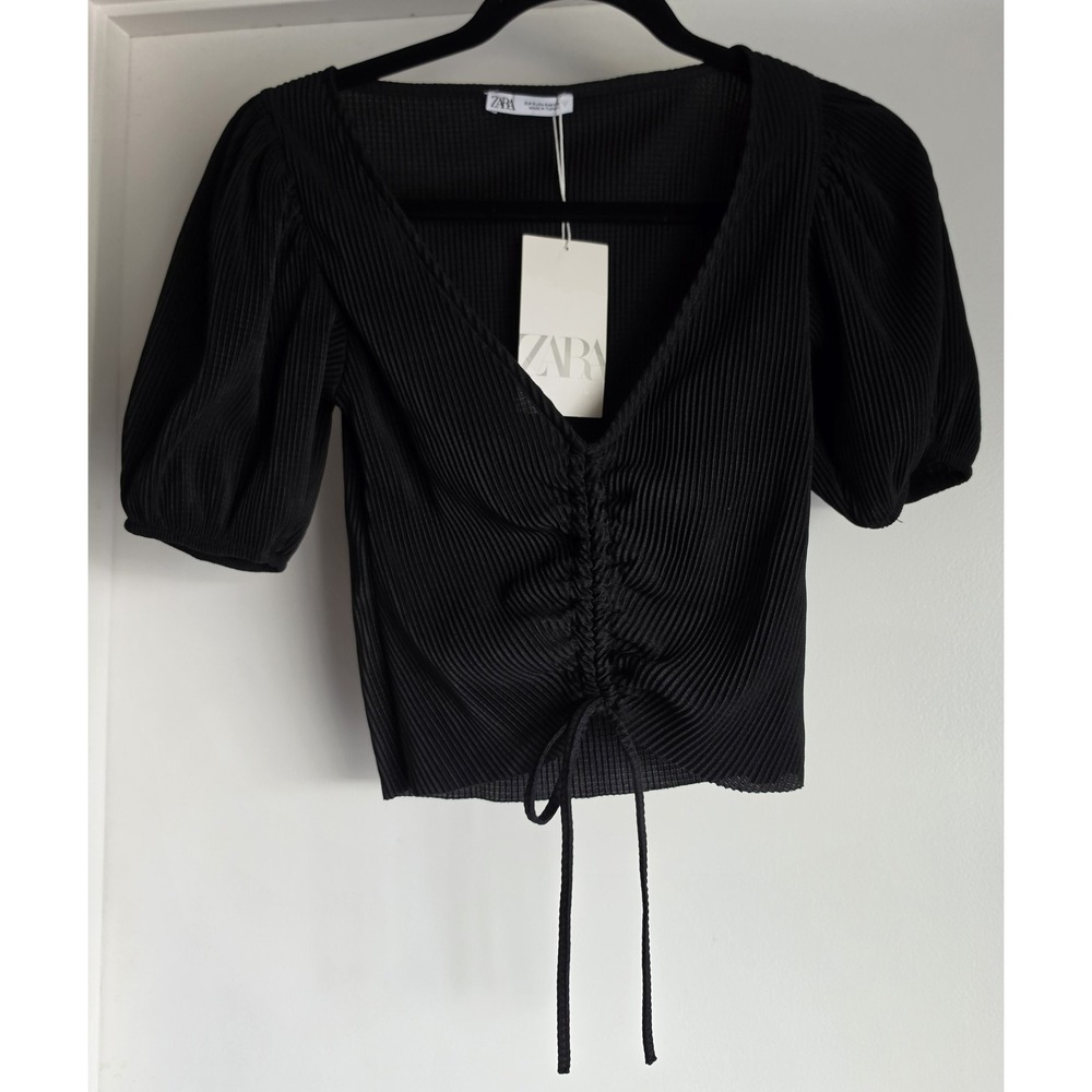 NWT Zara Women's Black V-Neck Pleated Short Sleeve Blouse Top Size S NWT Shirt